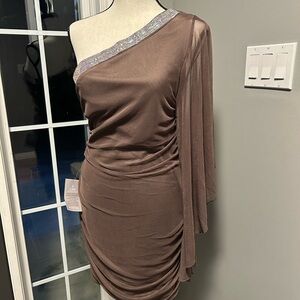 One-Shoulder Le Chateau Ruched Dress with Embellished Trim